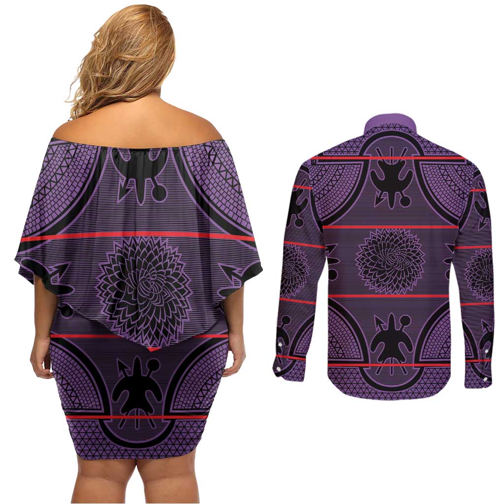Lesotho Seanamarena Couples Matching Off Shoulder Short Dress and Long Sleeve Button Shirt Basotho Traditional Blanket Style - Violet - Wonder Print Shop