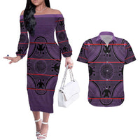 Lesotho Seanamarena Couples Matching Off The Shoulder Long Sleeve Dress and Hawaiian Shirt Basotho Traditional Blanket Style - Violet - Wonder Print Shop