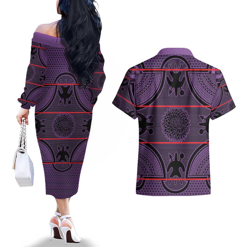 Lesotho Seanamarena Couples Matching Off The Shoulder Long Sleeve Dress and Hawaiian Shirt Basotho Traditional Blanket Style - Violet - Wonder Print Shop