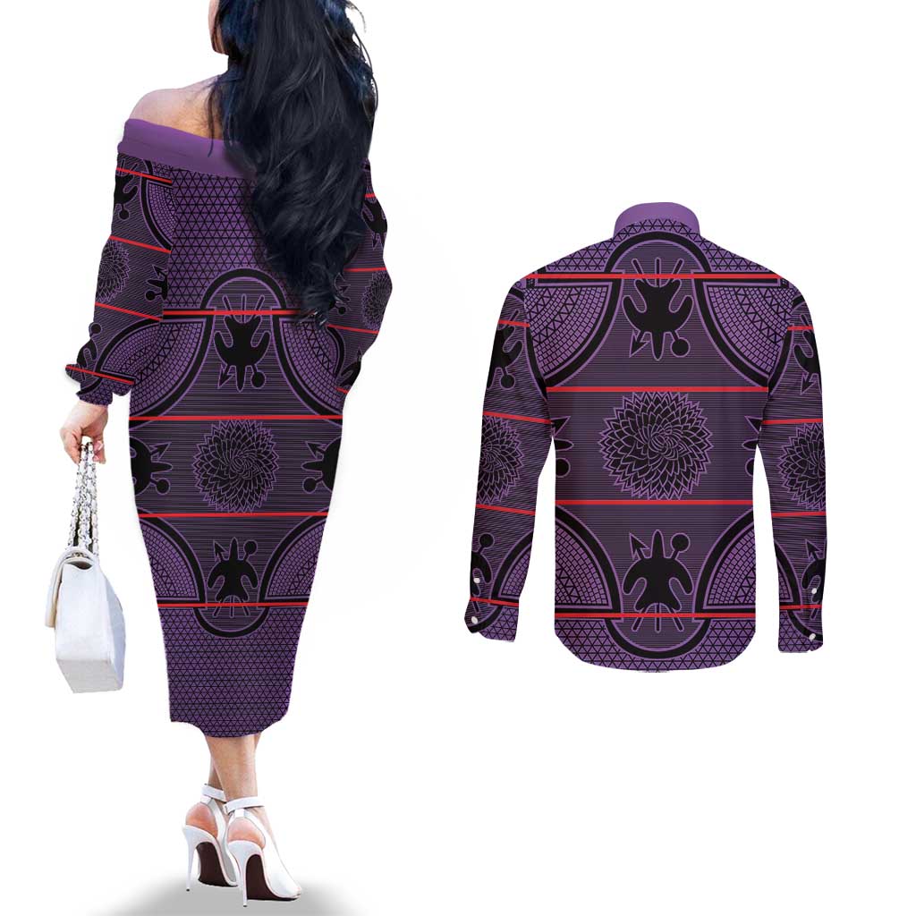Lesotho Seanamarena Couples Matching Off The Shoulder Long Sleeve Dress and Long Sleeve Button Shirt Basotho Traditional Blanket Style - Violet - Wonder Print Shop