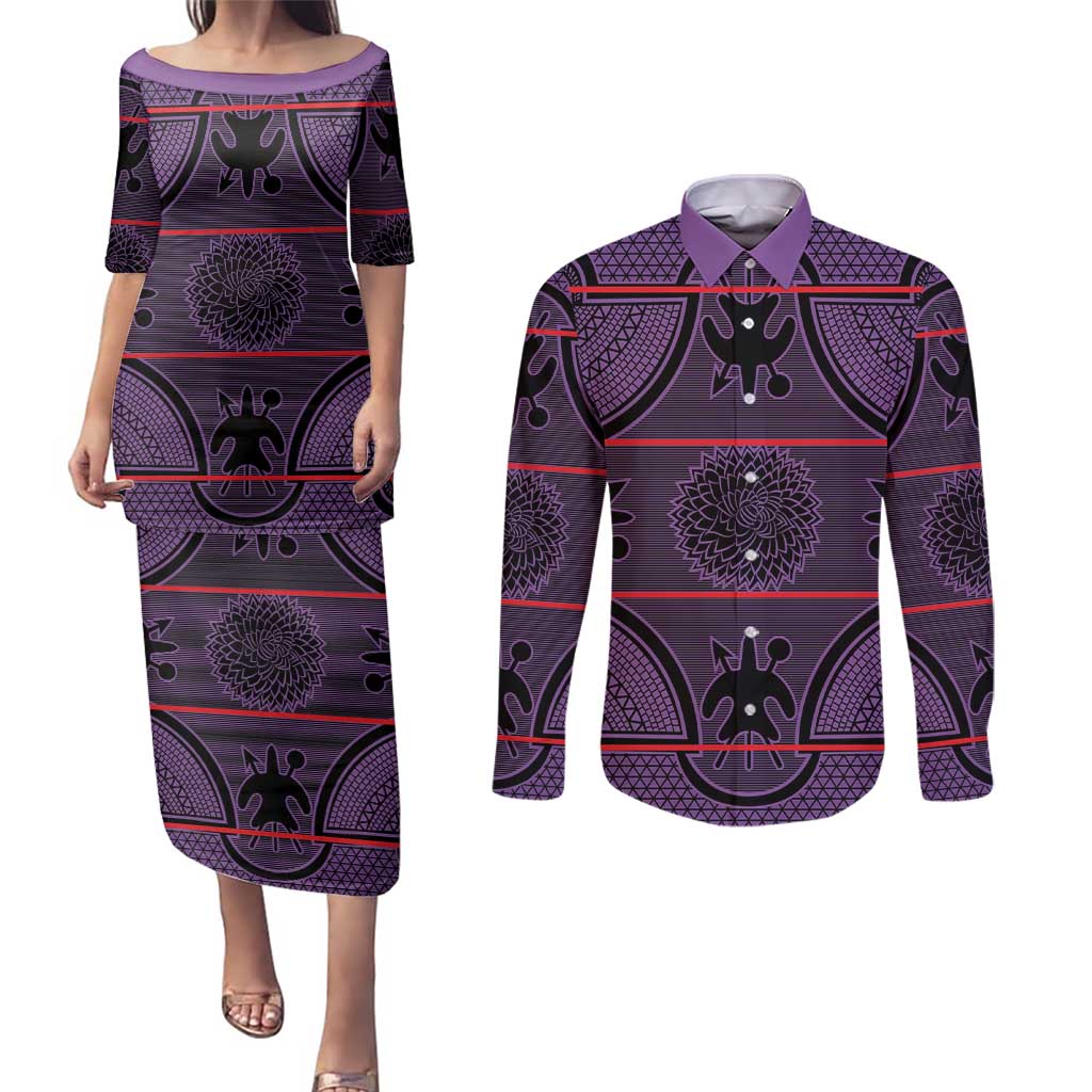 Lesotho Seanamarena Couples Matching Puletasi and Long Sleeve Button Shirt Basotho Traditional Blanket Style - Violet - Wonder Print Shop