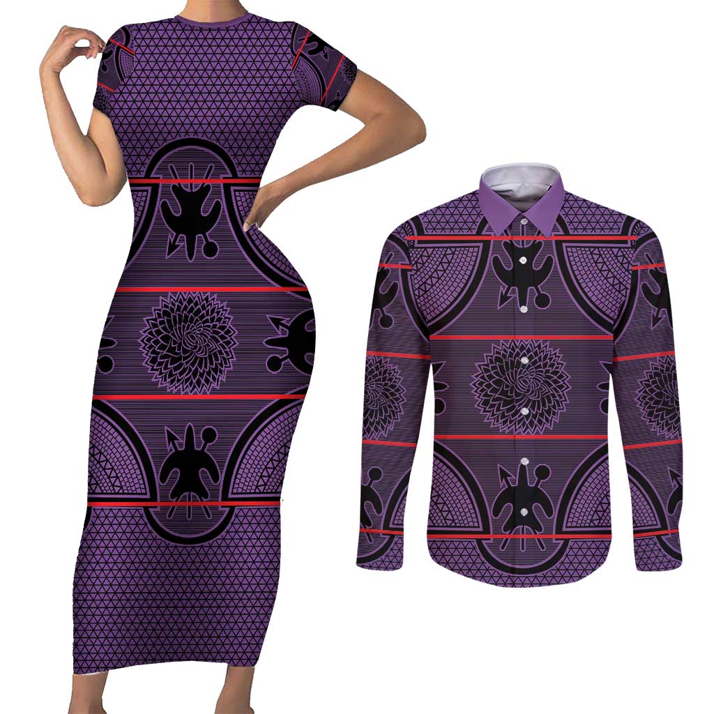 Lesotho Seanamarena Couples Matching Short Sleeve Bodycon Dress and Long Sleeve Button Shirt Basotho Traditional Blanket Style - Violet - Wonder Print Shop