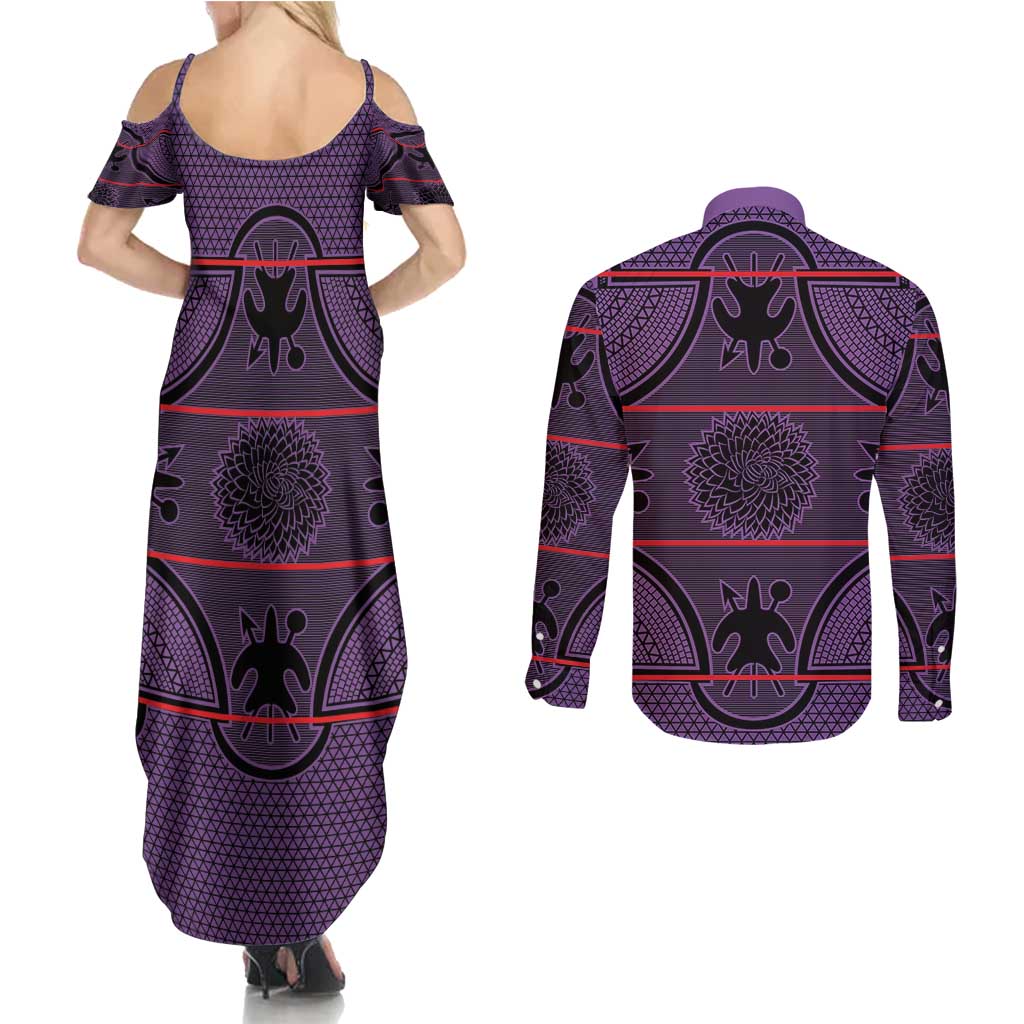 Lesotho Seanamarena Couples Matching Summer Maxi Dress and Long Sleeve Button Shirt Basotho Traditional Blanket Style - Violet - Wonder Print Shop