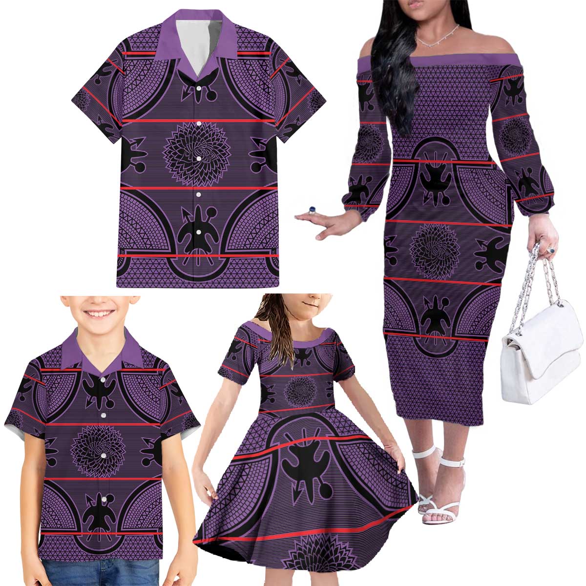 Lesotho Seanamarena Family Matching Off The Shoulder Long Sleeve Dress and Hawaiian Shirt Basotho Traditional Blanket Style - Violet - Wonder Print Shop