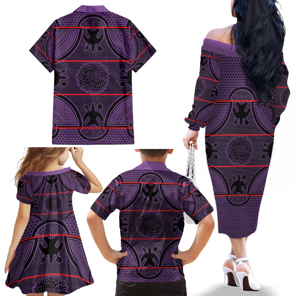 Lesotho Seanamarena Family Matching Off The Shoulder Long Sleeve Dress and Hawaiian Shirt Basotho Traditional Blanket Style - Violet - Wonder Print Shop