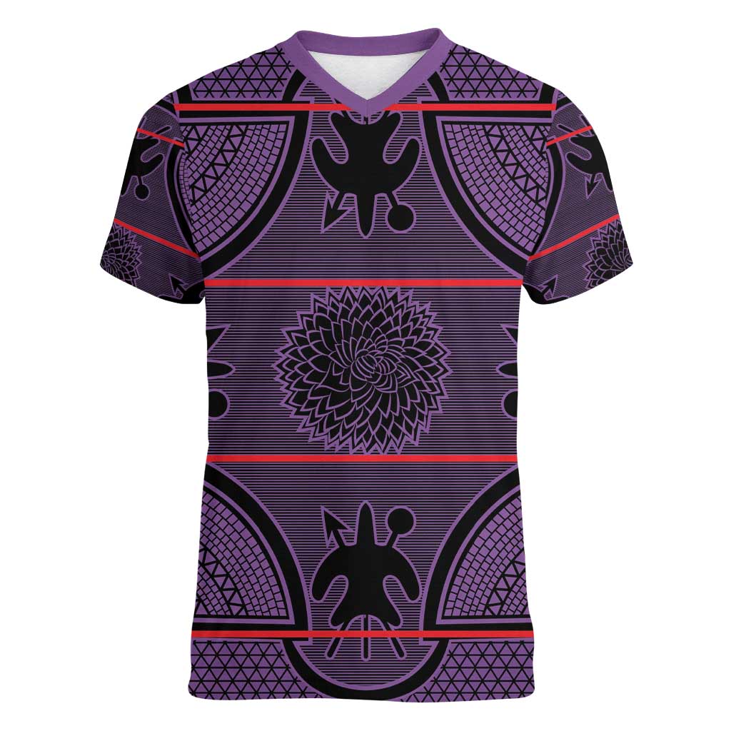 Lesotho Seanamarena Women V-Neck T-Shirt Basotho Traditional Blanket Style - Violet - Wonder Print Shop