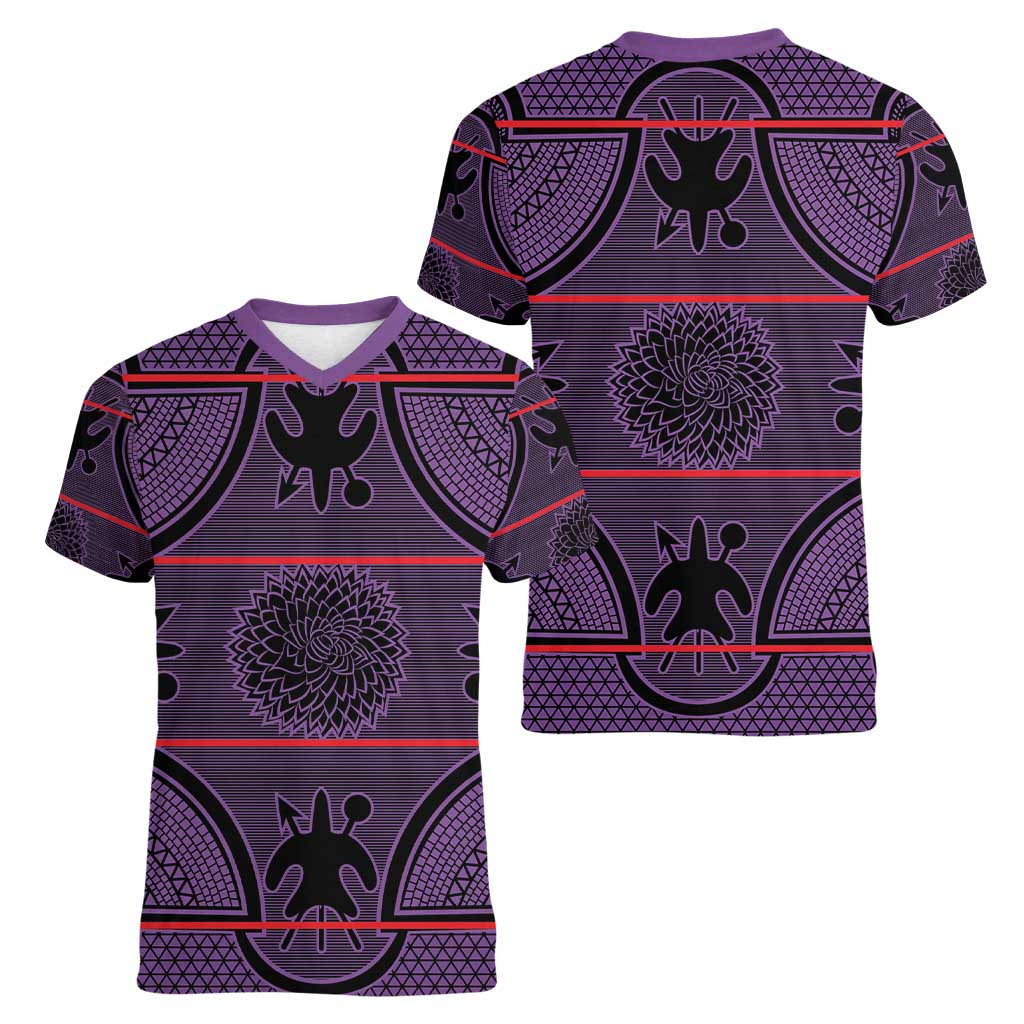 Lesotho Seanamarena Women V-Neck T-Shirt Basotho Traditional Blanket Style - Violet - Wonder Print Shop