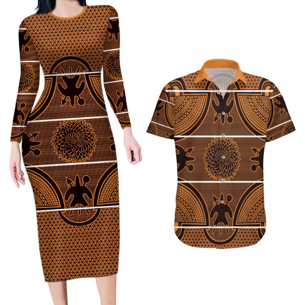 Lesotho Seanamarena Couples Matching Long Sleeve Bodycon Dress and Hawaiian Shirt Basotho Traditional Blanket Style - Orange - Wonder Print Shop