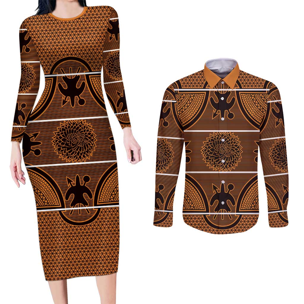 Lesotho Seanamarena Couples Matching Long Sleeve Bodycon Dress and Long Sleeve Button Shirt Basotho Traditional Blanket Style - Orange - Wonder Print Shop