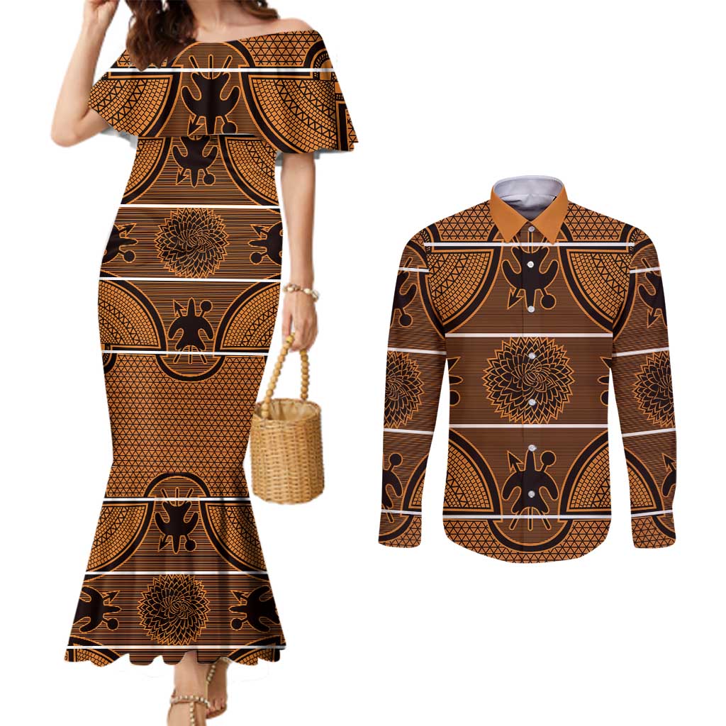 Lesotho Seanamarena Couples Matching Mermaid Dress and Long Sleeve Button Shirt Basotho Traditional Blanket Style - Orange - Wonder Print Shop
