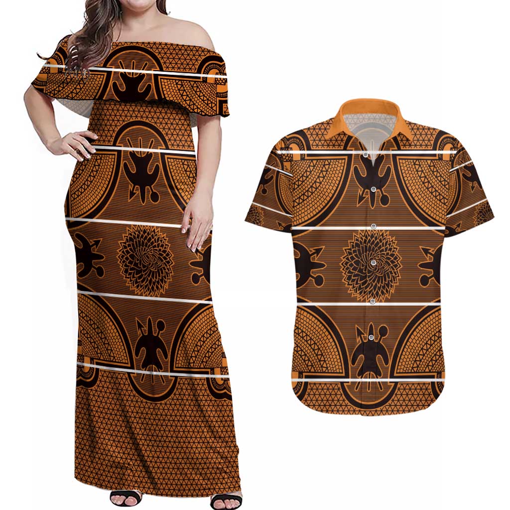 Lesotho Seanamarena Couples Matching Off Shoulder Maxi Dress and Hawaiian Shirt Basotho Traditional Blanket Style - Orange - Wonder Print Shop