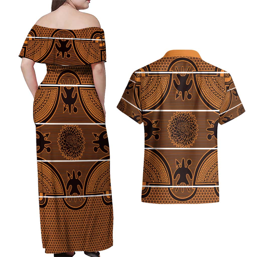 Lesotho Seanamarena Couples Matching Off Shoulder Maxi Dress and Hawaiian Shirt Basotho Traditional Blanket Style - Orange - Wonder Print Shop