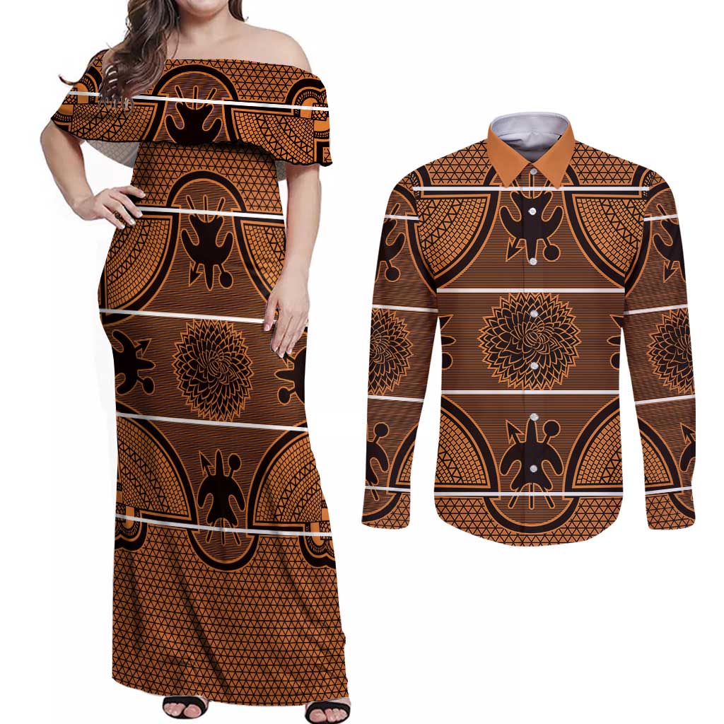 Lesotho Seanamarena Couples Matching Off Shoulder Maxi Dress and Long Sleeve Button Shirt Basotho Traditional Blanket Style - Orange - Wonder Print Shop