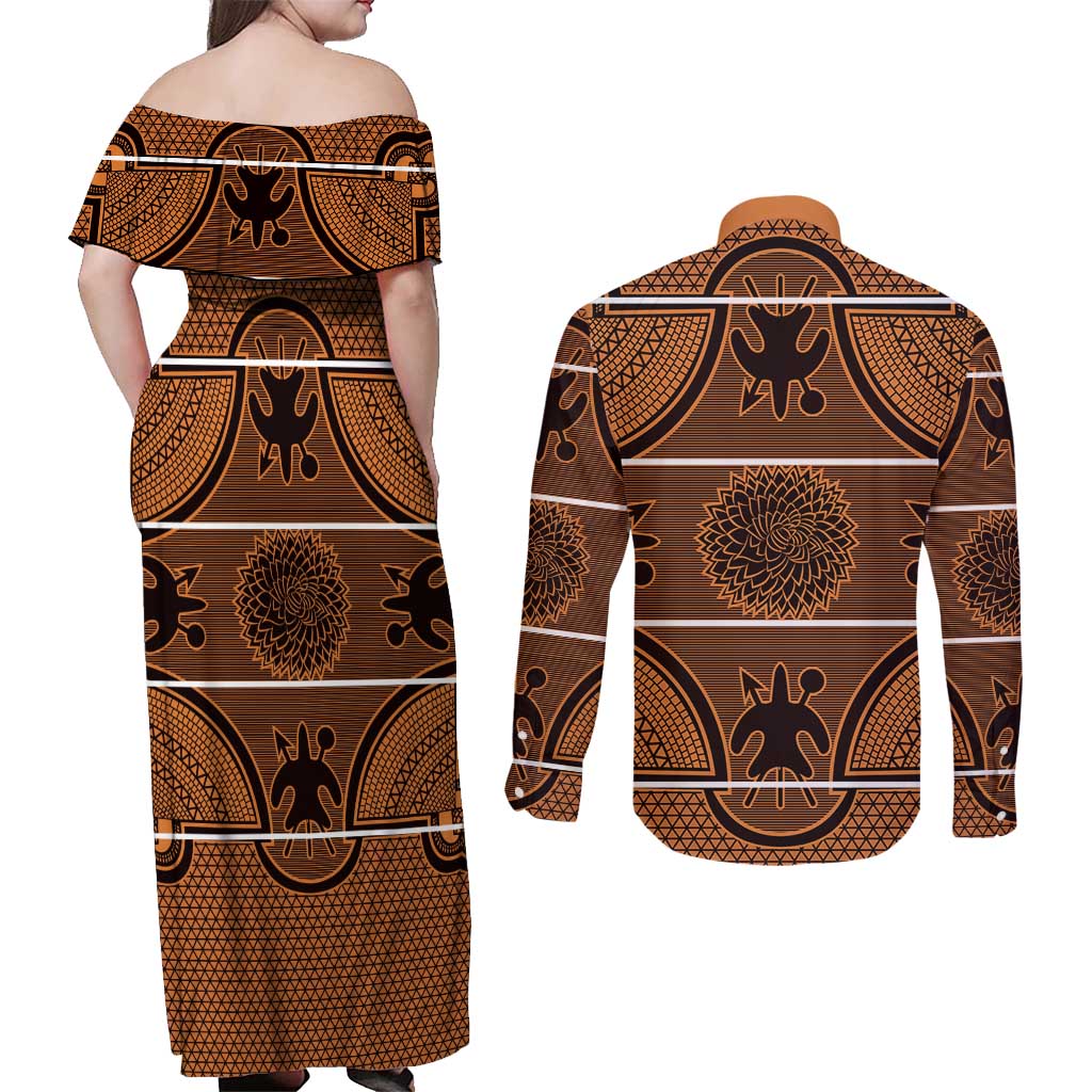 Lesotho Seanamarena Couples Matching Off Shoulder Maxi Dress and Long Sleeve Button Shirt Basotho Traditional Blanket Style - Orange - Wonder Print Shop