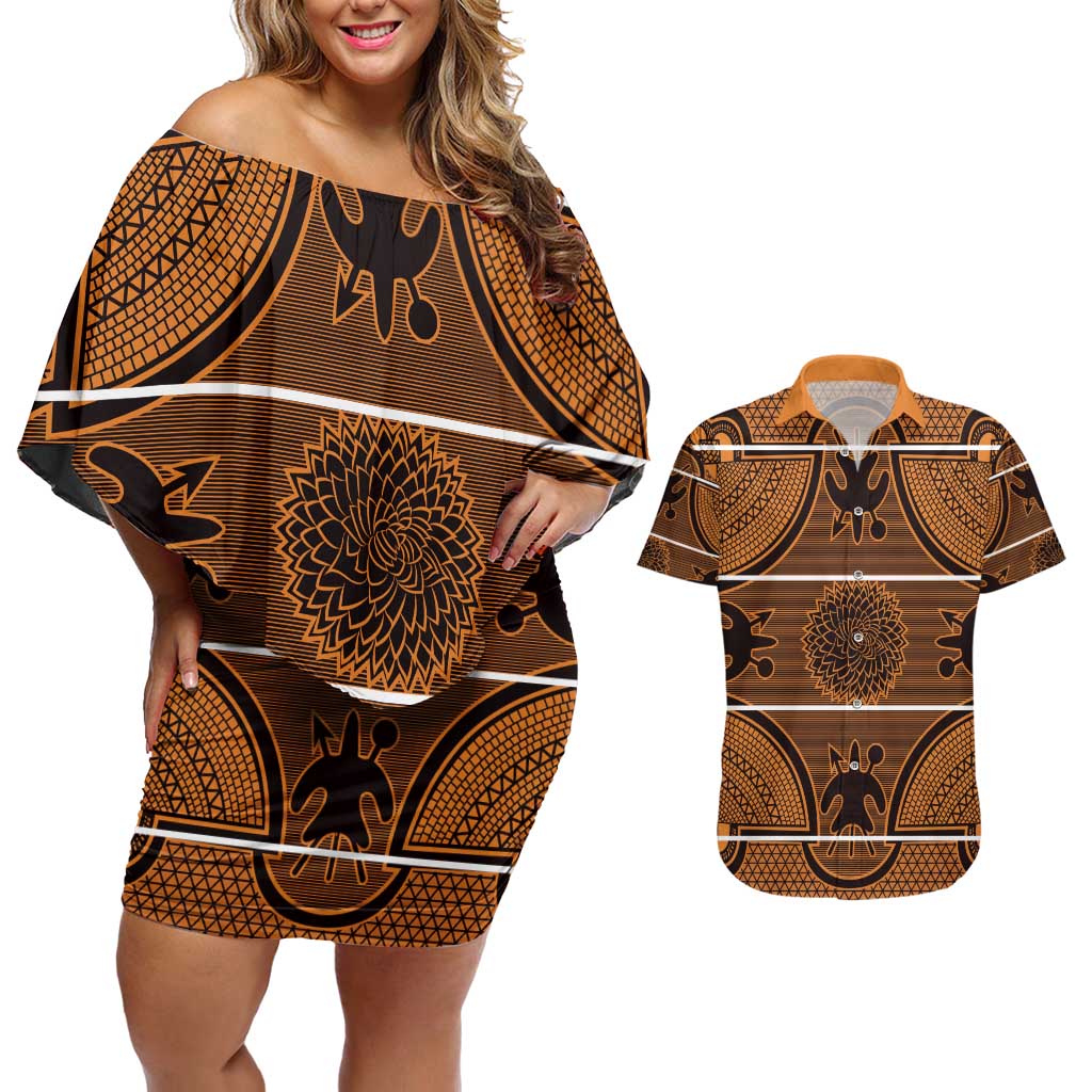 Lesotho Seanamarena Couples Matching Off Shoulder Short Dress and Hawaiian Shirt Basotho Traditional Blanket Style - Orange - Wonder Print Shop