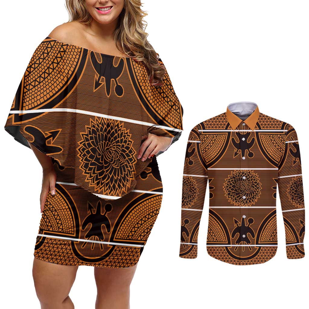 Lesotho Seanamarena Couples Matching Off Shoulder Short Dress and Long Sleeve Button Shirt Basotho Traditional Blanket Style - Orange - Wonder Print Shop