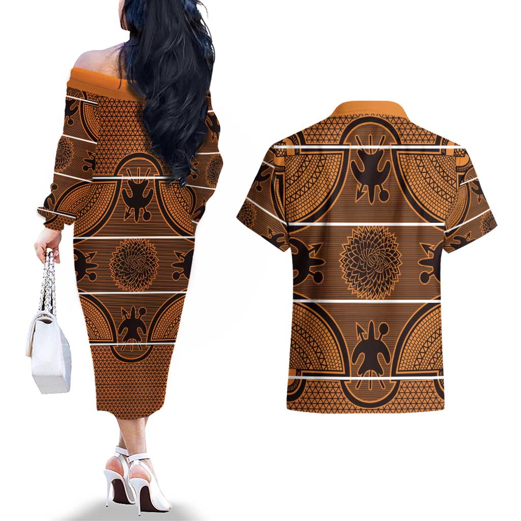 Lesotho Seanamarena Couples Matching Off The Shoulder Long Sleeve Dress and Hawaiian Shirt Basotho Traditional Blanket Style - Orange - Wonder Print Shop