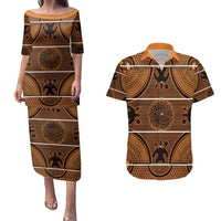 Lesotho Seanamarena Couples Matching Puletasi and Hawaiian Shirt Basotho Traditional Blanket Style - Orange - Wonder Print Shop