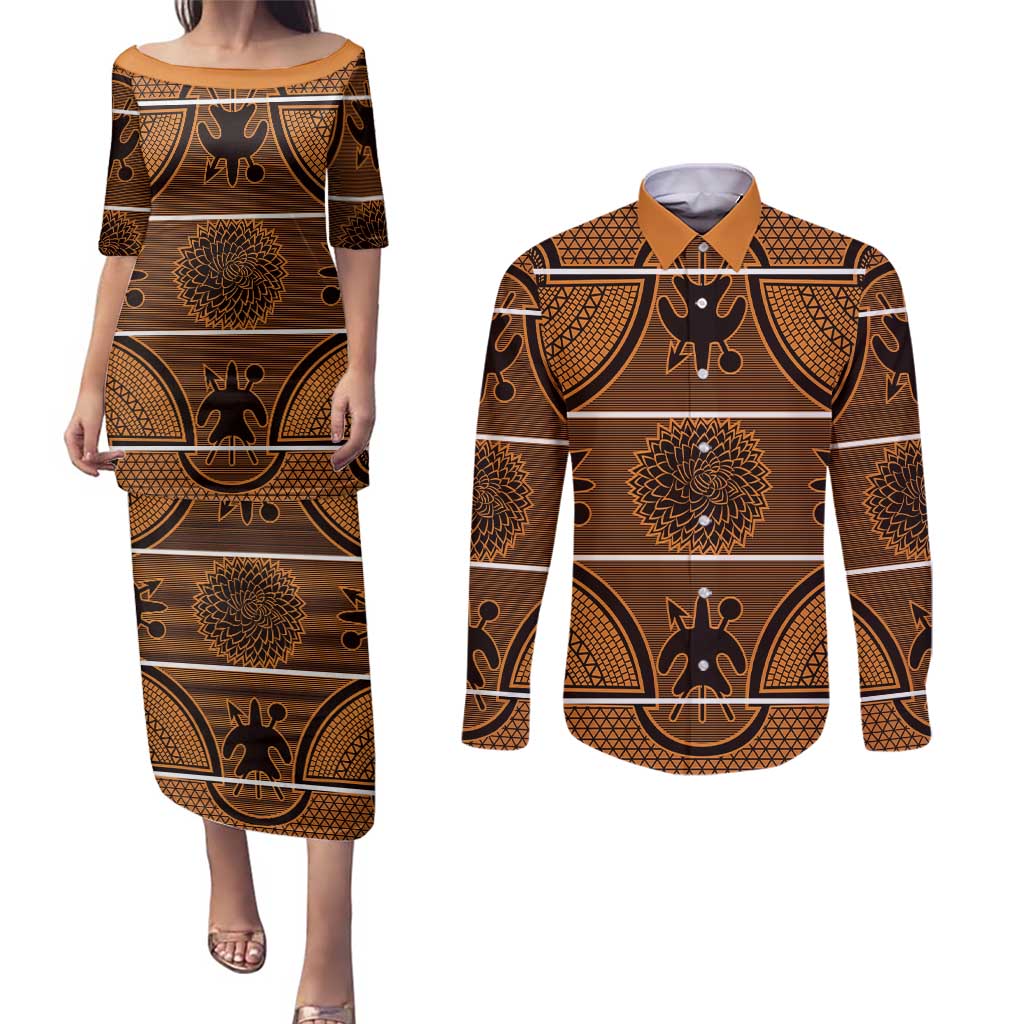 Lesotho Seanamarena Couples Matching Puletasi and Long Sleeve Button Shirt Basotho Traditional Blanket Style - Orange - Wonder Print Shop