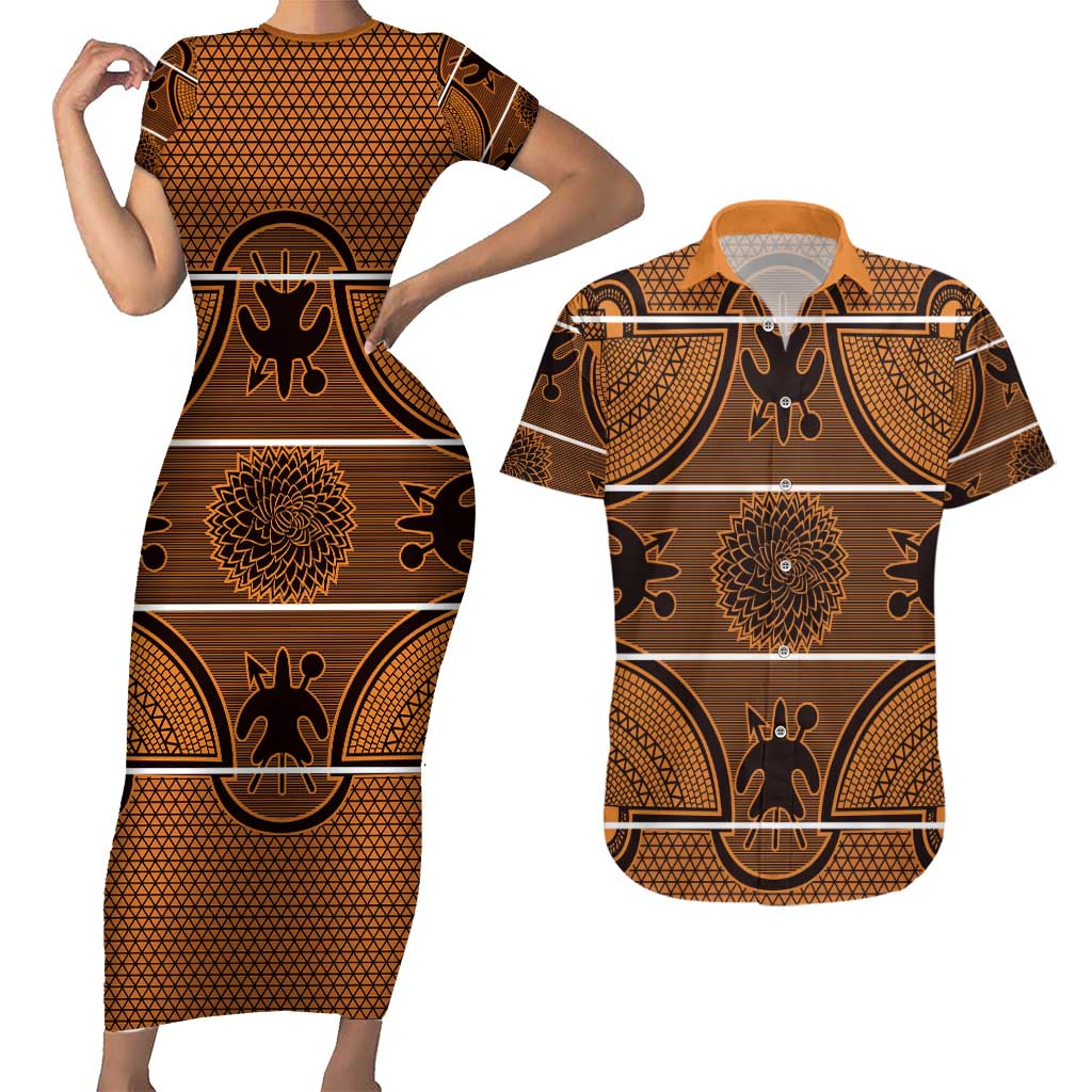 Lesotho Seanamarena Couples Matching Short Sleeve Bodycon Dress and Hawaiian Shirt Basotho Traditional Blanket Style - Orange - Wonder Print Shop