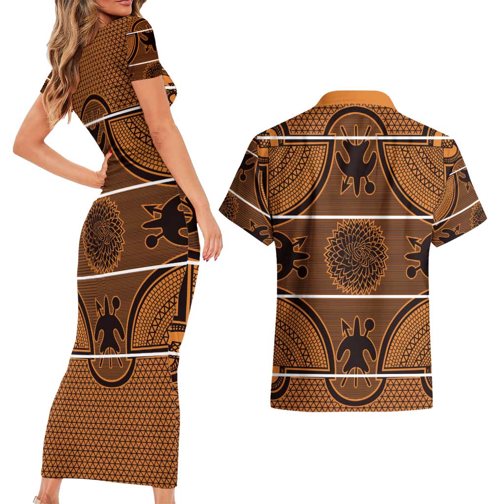 Lesotho Seanamarena Couples Matching Short Sleeve Bodycon Dress and Hawaiian Shirt Basotho Traditional Blanket Style - Orange - Wonder Print Shop