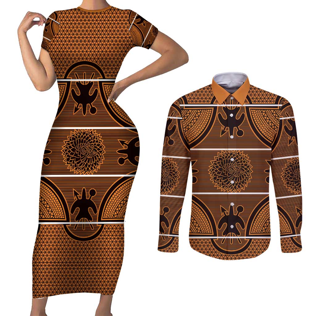 Lesotho Seanamarena Couples Matching Short Sleeve Bodycon Dress and Long Sleeve Button Shirt Basotho Traditional Blanket Style - Orange - Wonder Print Shop