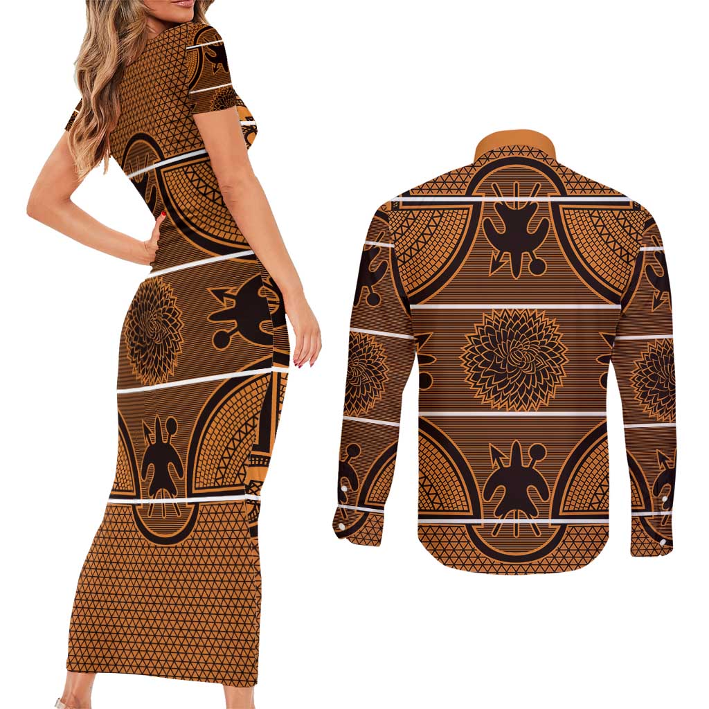 Lesotho Seanamarena Couples Matching Short Sleeve Bodycon Dress and Long Sleeve Button Shirt Basotho Traditional Blanket Style - Orange - Wonder Print Shop