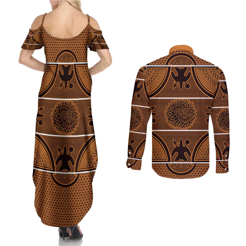 Lesotho Seanamarena Couples Matching Summer Maxi Dress and Long Sleeve Button Shirt Basotho Traditional Blanket Style - Orange - Wonder Print Shop