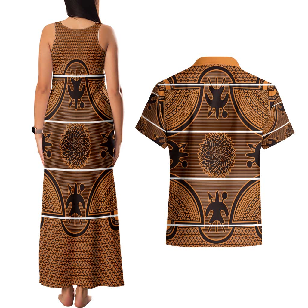 Lesotho Seanamarena Couples Matching Tank Maxi Dress and Hawaiian Shirt Basotho Traditional Blanket Style - Orange - Wonder Print Shop