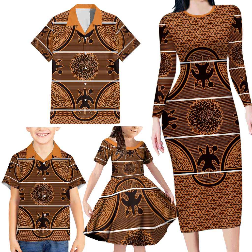 Lesotho Seanamarena Family Matching Long Sleeve Bodycon Dress and Hawaiian Shirt Basotho Traditional Blanket Style - Orange - Wonder Print Shop