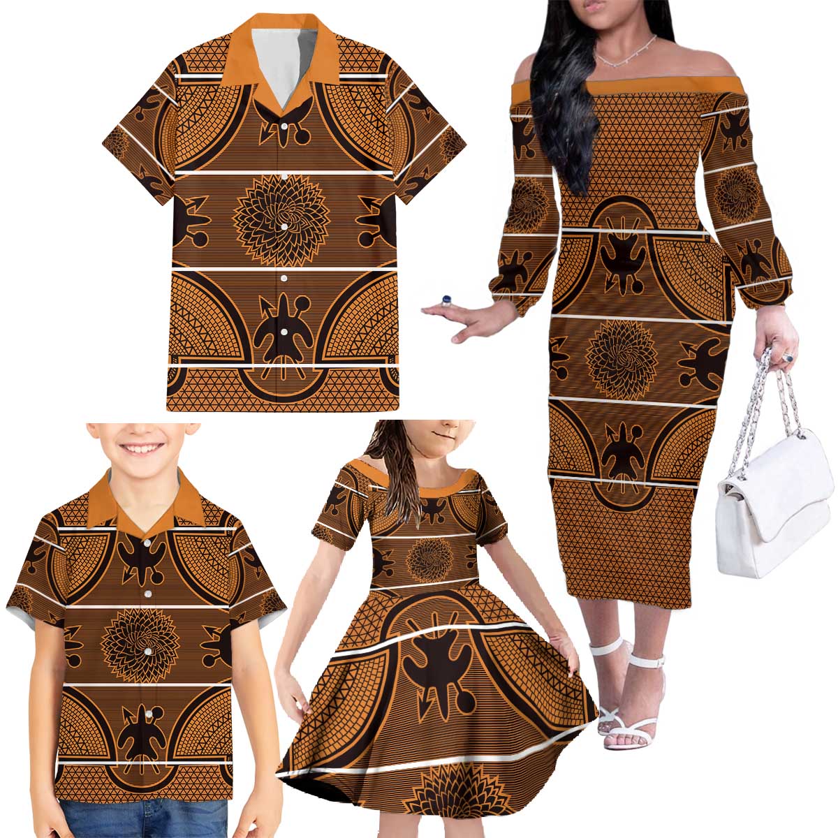Lesotho Seanamarena Family Matching Off The Shoulder Long Sleeve Dress and Hawaiian Shirt Basotho Traditional Blanket Style - Orange - Wonder Print Shop