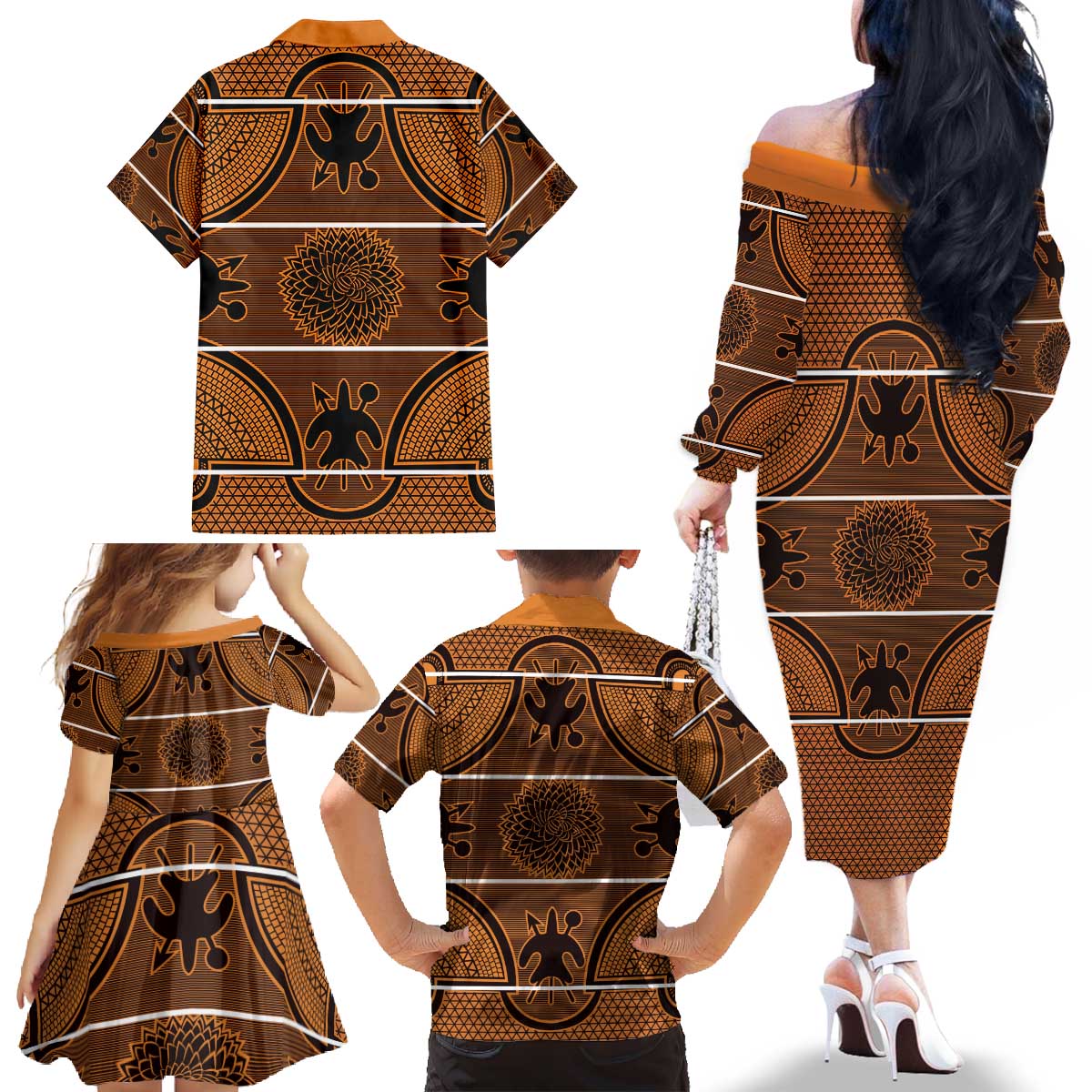Lesotho Seanamarena Family Matching Off The Shoulder Long Sleeve Dress and Hawaiian Shirt Basotho Traditional Blanket Style - Orange - Wonder Print Shop