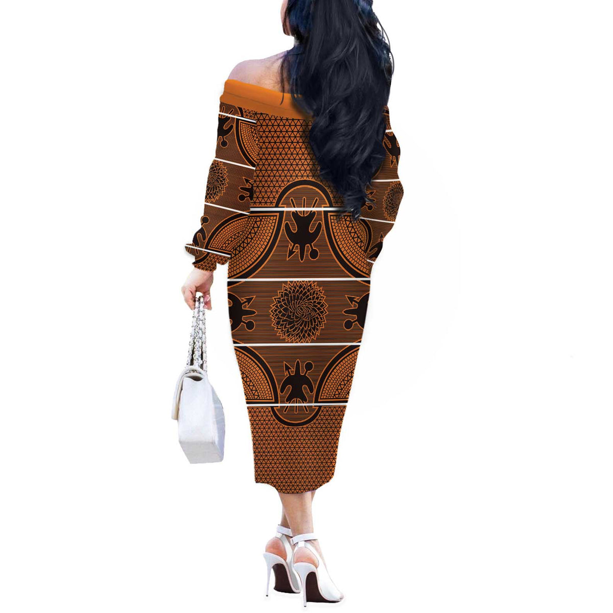 Lesotho Seanamarena Off The Shoulder Long Sleeve Dress Basotho Traditional Blanket Style - Orange - Wonder Print Shop