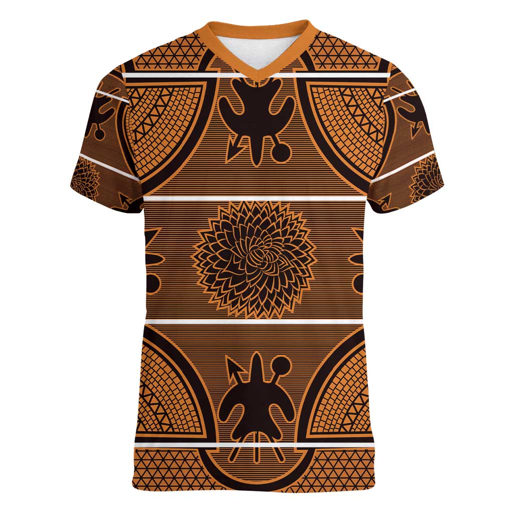 Lesotho Seanamarena Women V-Neck T-Shirt Basotho Traditional Blanket Style - Orange - Wonder Print Shop