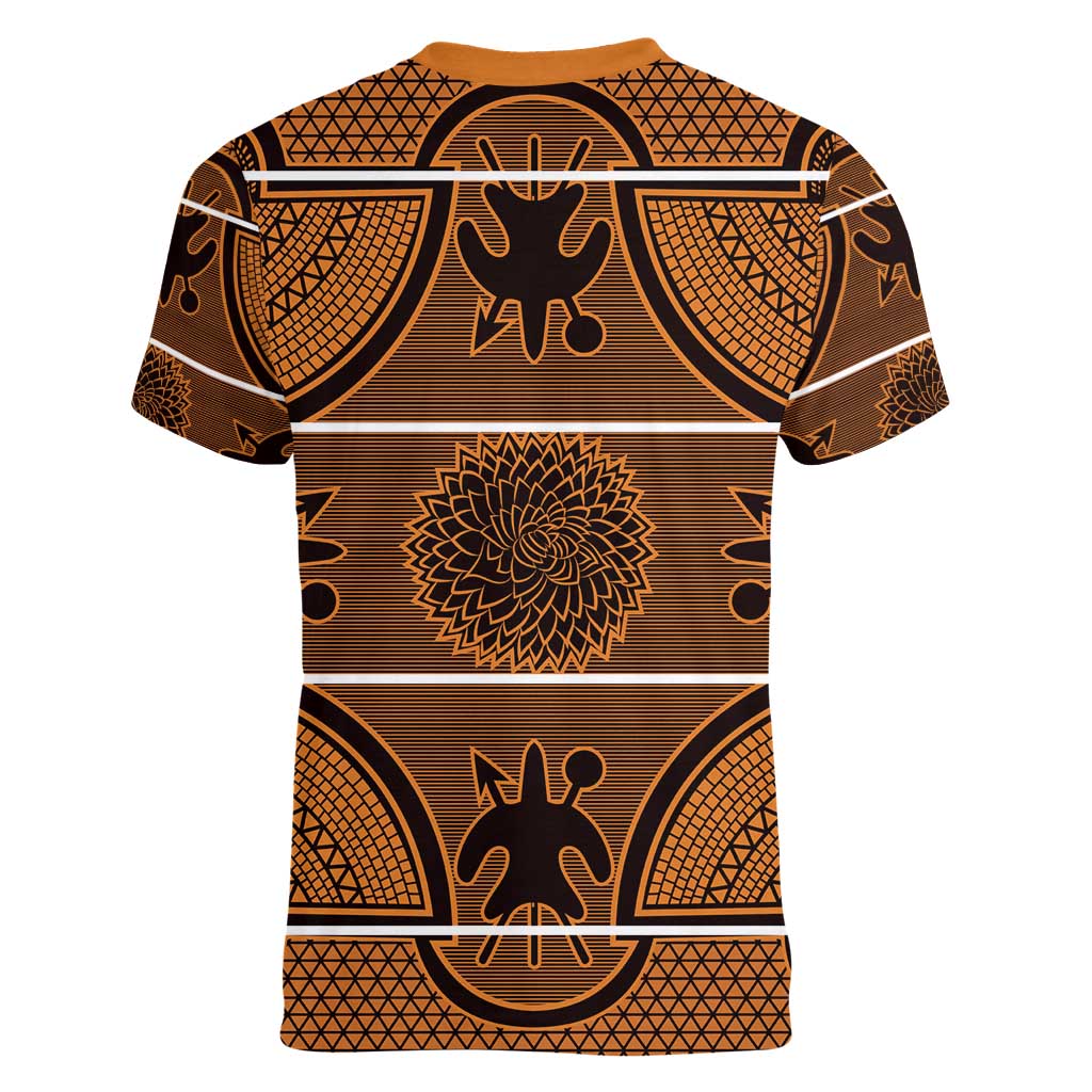 Lesotho Seanamarena Women V-Neck T-Shirt Basotho Traditional Blanket Style - Orange - Wonder Print Shop