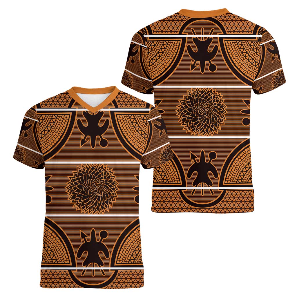 Lesotho Seanamarena Women V-Neck T-Shirt Basotho Traditional Blanket Style - Orange - Wonder Print Shop
