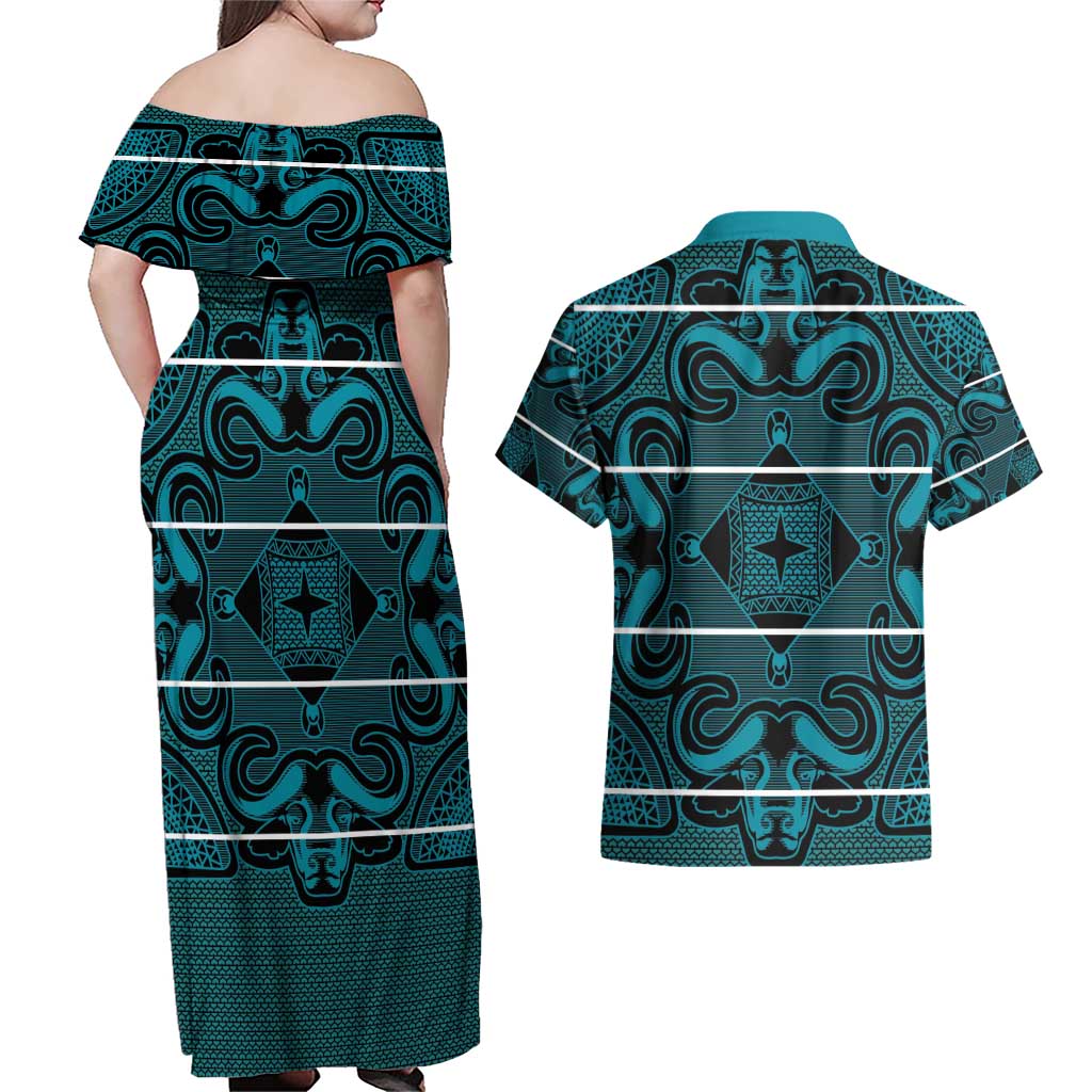 Lesotho Seanamarena - Motlatsi Couples Matching Off Shoulder Maxi Dress and Hawaiian Shirt Basotho Traditional Blanket Style - Lesotho Breeze - Wonder Print Shop
