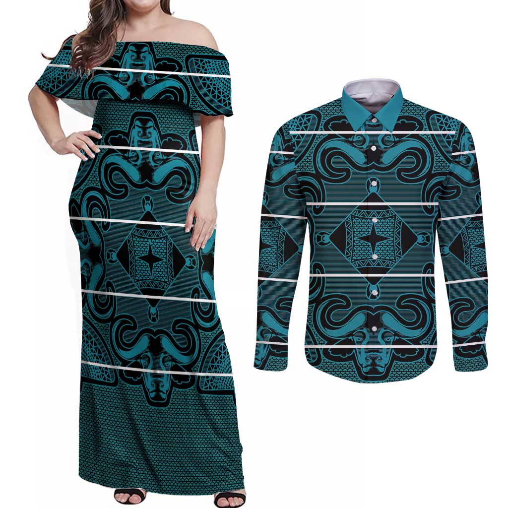 Lesotho Seanamarena - Motlatsi Couples Matching Off Shoulder Maxi Dress and Long Sleeve Button Shirt Basotho Traditional Blanket Style - Lesotho Breeze - Wonder Print Shop