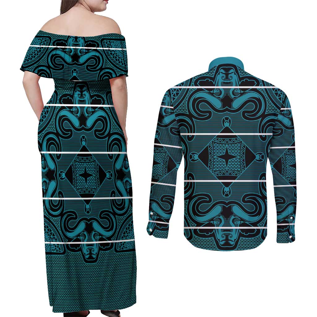 Lesotho Seanamarena - Motlatsi Couples Matching Off Shoulder Maxi Dress and Long Sleeve Button Shirt Basotho Traditional Blanket Style - Lesotho Breeze - Wonder Print Shop