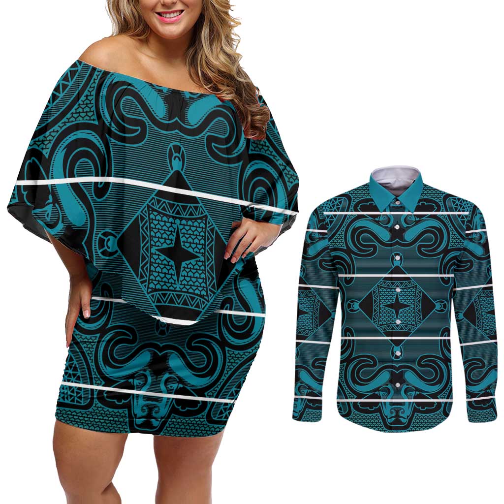 Lesotho Seanamarena - Motlatsi Couples Matching Off Shoulder Short Dress and Long Sleeve Button Shirt Basotho Traditional Blanket Style - Lesotho Breeze - Wonder Print Shop