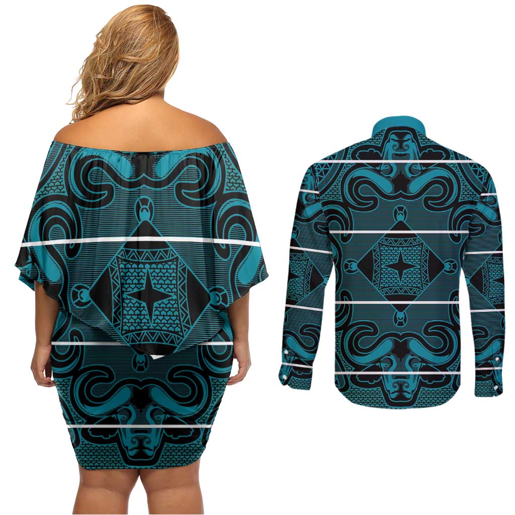Lesotho Seanamarena - Motlatsi Couples Matching Off Shoulder Short Dress and Long Sleeve Button Shirt Basotho Traditional Blanket Style - Lesotho Breeze - Wonder Print Shop