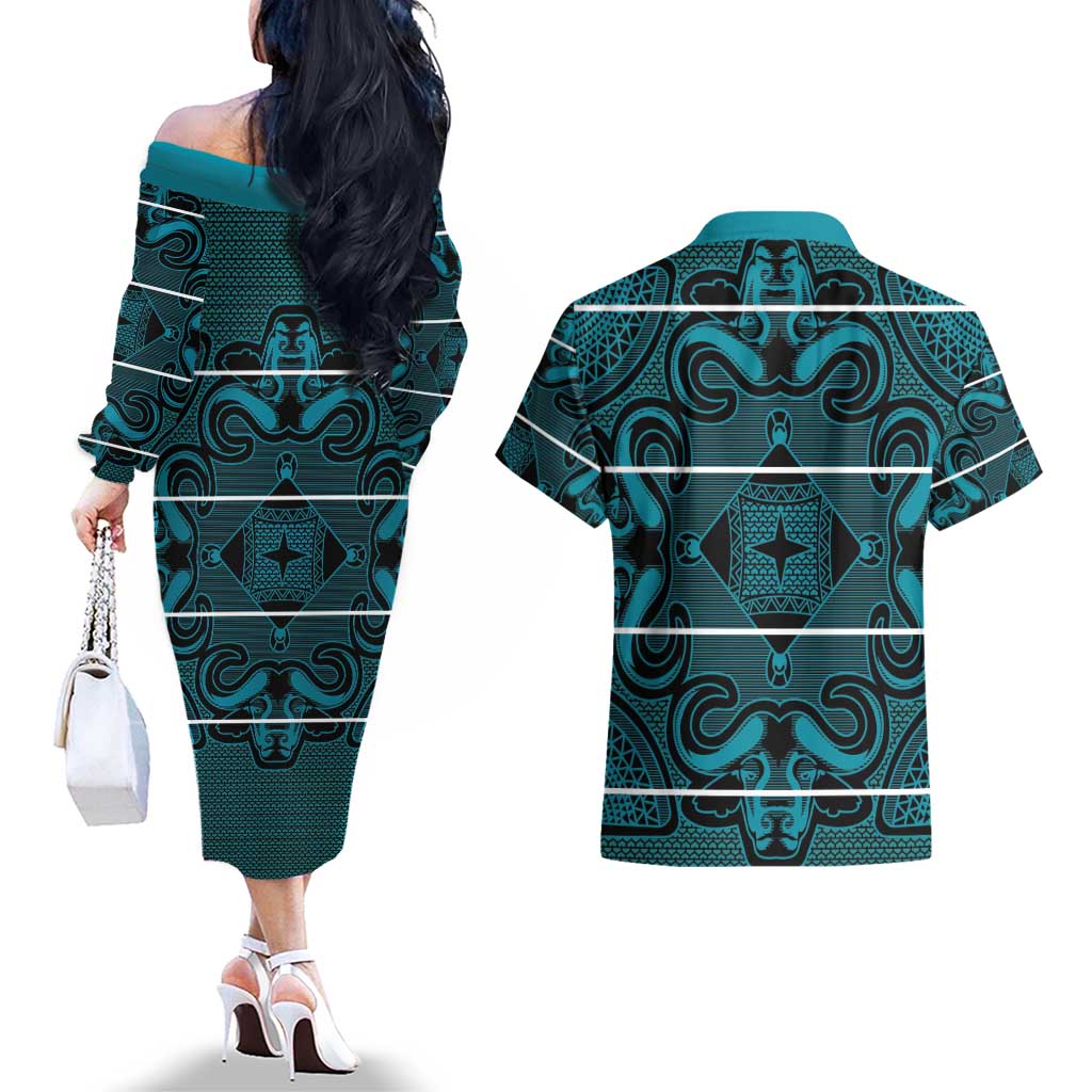 Lesotho Seanamarena - Motlatsi Couples Matching Off The Shoulder Long Sleeve Dress and Hawaiian Shirt Basotho Traditional Blanket Style - Lesotho Breeze - Wonder Print Shop