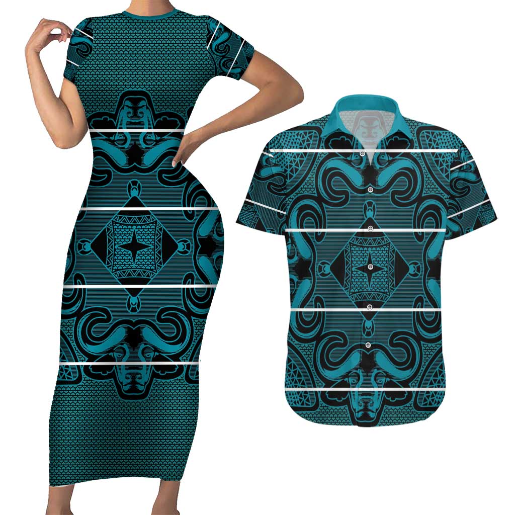 Lesotho Seanamarena - Motlatsi Couples Matching Short Sleeve Bodycon Dress and Hawaiian Shirt Basotho Traditional Blanket Style - Lesotho Breeze - Wonder Print Shop