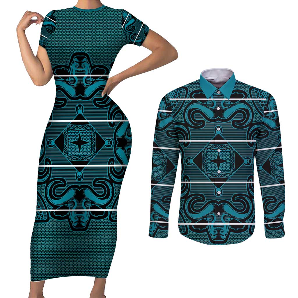 Lesotho Seanamarena - Motlatsi Couples Matching Short Sleeve Bodycon Dress and Long Sleeve Button Shirt Basotho Traditional Blanket Style - Lesotho Breeze - Wonder Print Shop