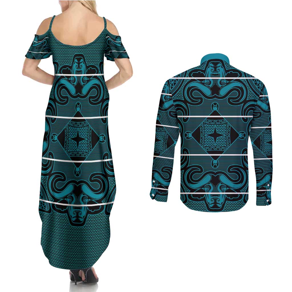 Lesotho Seanamarena - Motlatsi Couples Matching Summer Maxi Dress and Long Sleeve Button Shirt Basotho Traditional Blanket Style - Lesotho Breeze - Wonder Print Shop