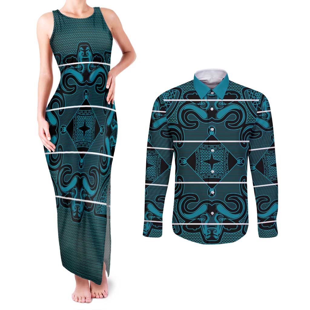 Lesotho Seanamarena - Motlatsi Couples Matching Tank Maxi Dress and Long Sleeve Button Shirt Basotho Traditional Blanket Style - Lesotho Breeze - Wonder Print Shop
