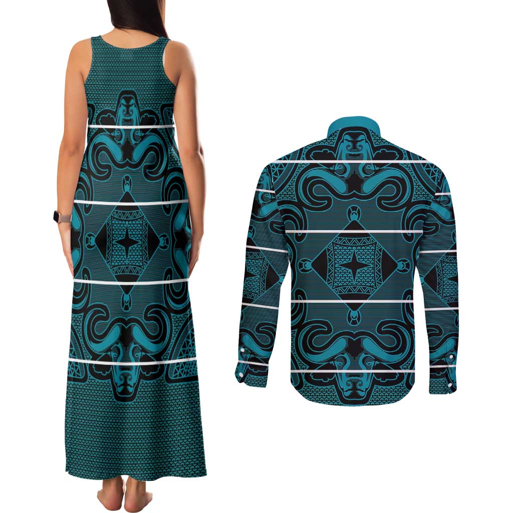 Lesotho Seanamarena - Motlatsi Couples Matching Tank Maxi Dress and Long Sleeve Button Shirt Basotho Traditional Blanket Style - Lesotho Breeze - Wonder Print Shop