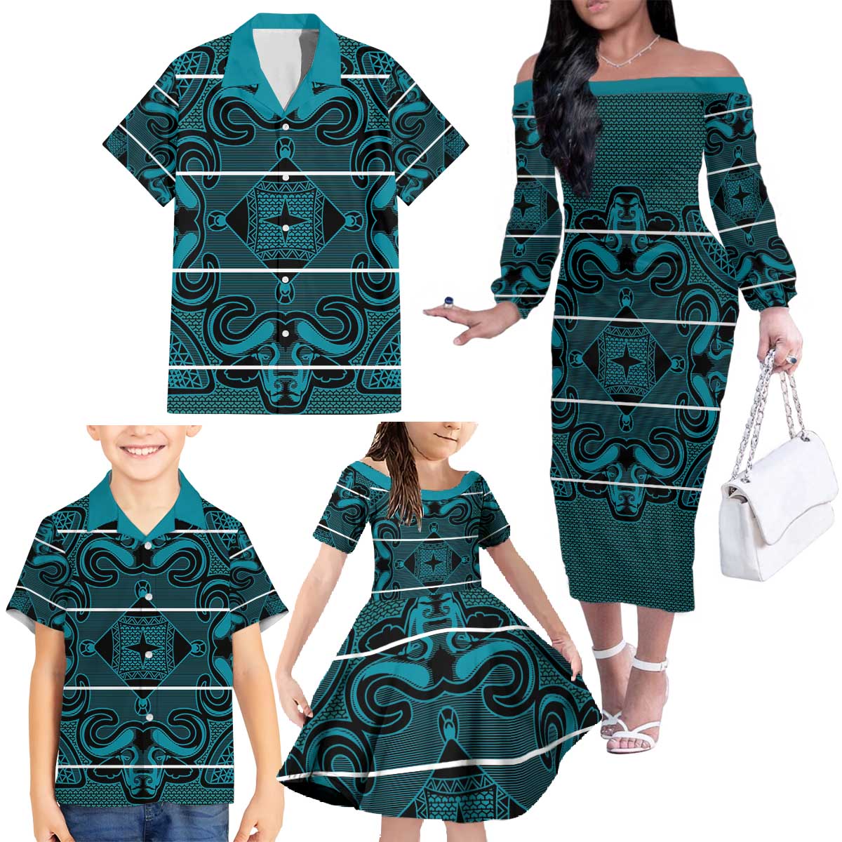 Lesotho Seanamarena - Motlatsi Family Matching Off The Shoulder Long Sleeve Dress and Hawaiian Shirt Basotho Traditional Blanket Style - Lesotho Breeze - Wonder Print Shop