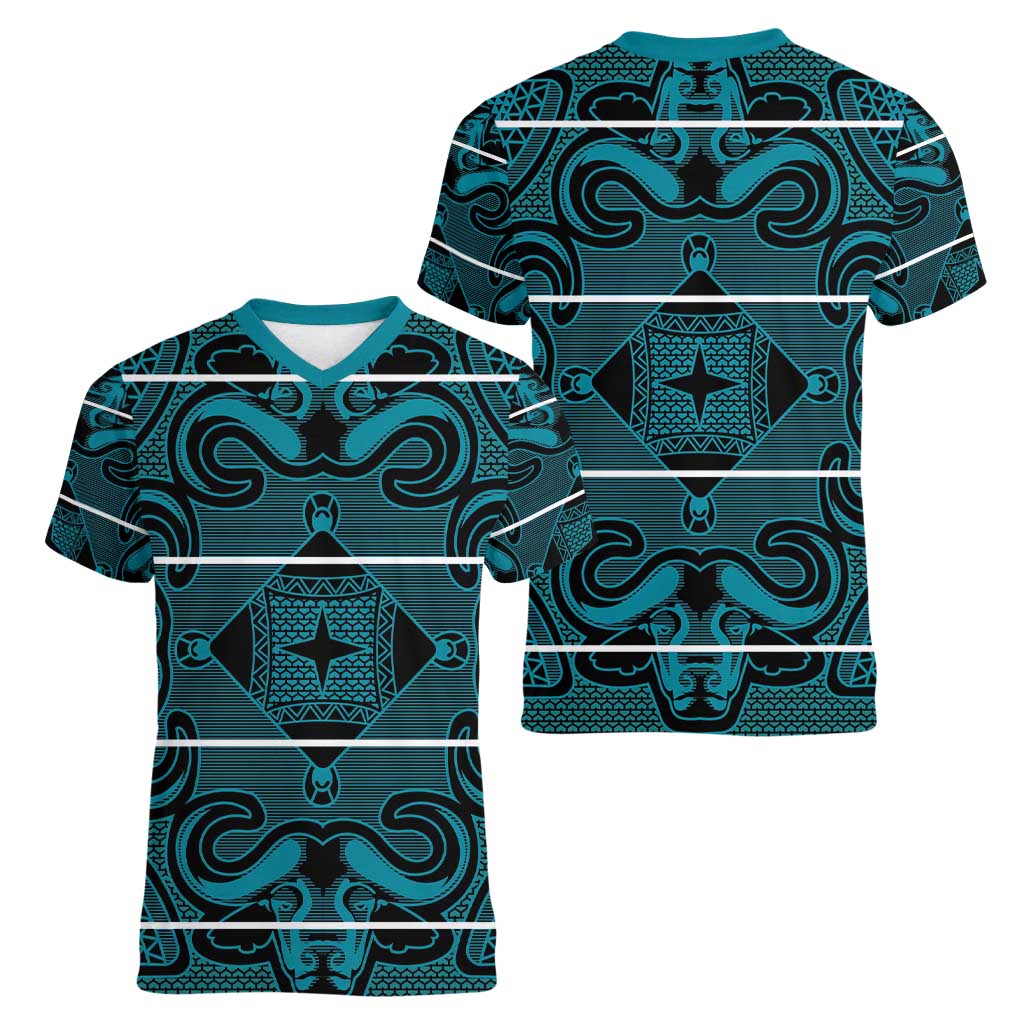 Lesotho Seanamarena - Motlatsi Women V-Neck T-Shirt Basotho Traditional Blanket Style - Lesotho Breeze - Wonder Print Shop