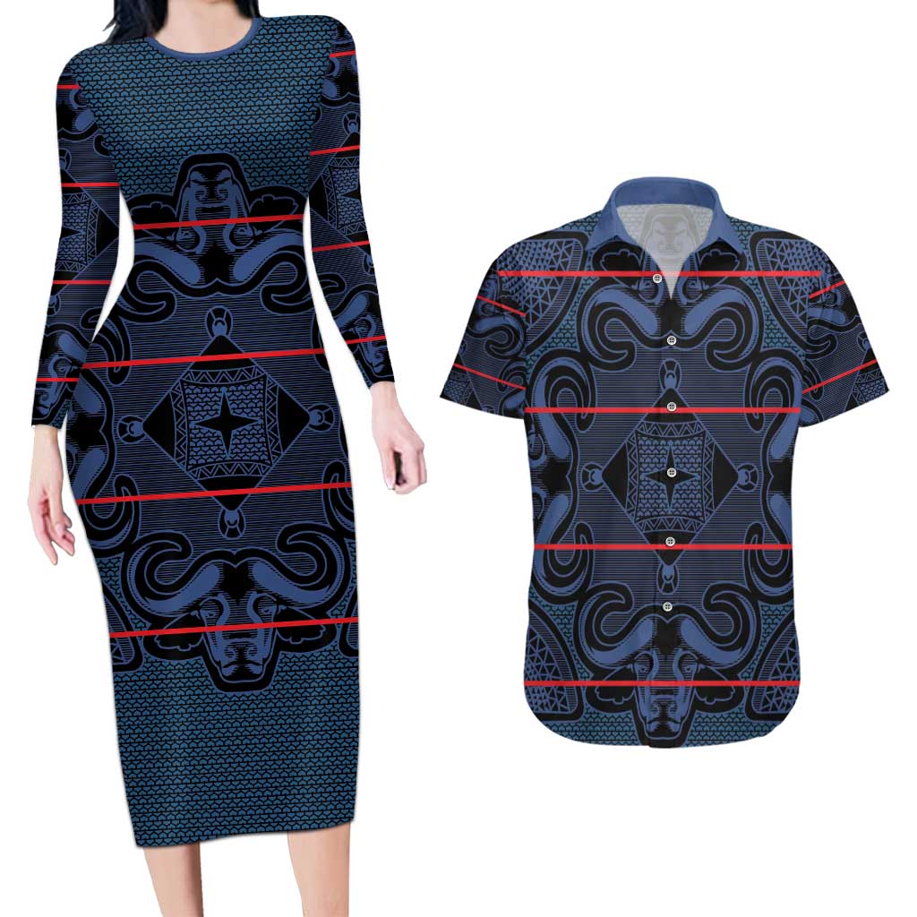 Lesotho Seanamarena - Motlatsi Couples Matching Long Sleeve Bodycon Dress and Hawaiian Shirt Basotho Traditional Blanket Style - Blue - Wonder Print Shop